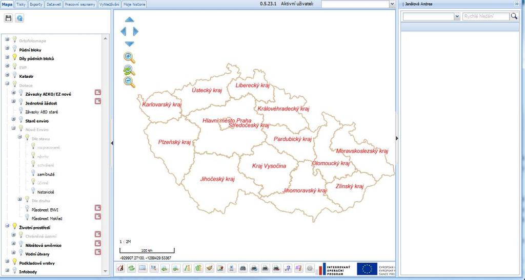 Po vstupu do aplikace se zobrazí úvodní obrazovka aplikace, kterou lze rozdělit do těchto částí: 1. Popisné pole s informacemi o ENVI, uživatelích a DPB 2.