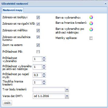 Uživatelské nastavení otevře okno, ve kterém si může uživatel nastavit například to, zda se budou v mapě zobrazovat tooltipy se základními údaji o objektech při přiblížení kurzoru myši, může zde