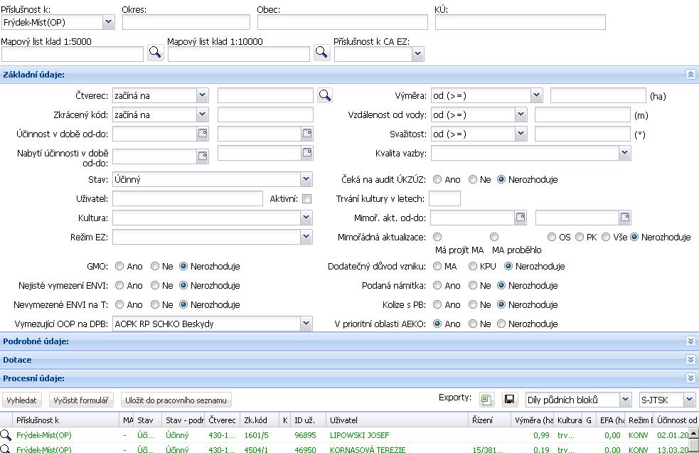 Vyhledávání DPB Obrázek 24 Podrobný vyhledávací filtr DPB Vyhledaná data lze pomocí ikonek vpravo nahoře nad vyhledaným seznamem exportovat např. do Excelu nebo SHP.