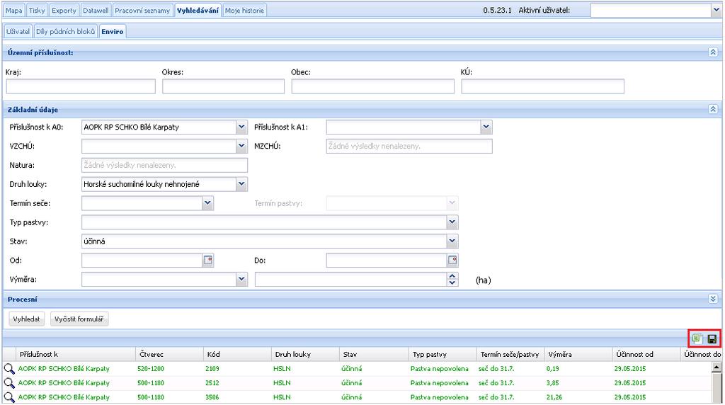 Obrázek 25 Seznam vyhledaných dat a jejich export Poklikem např.