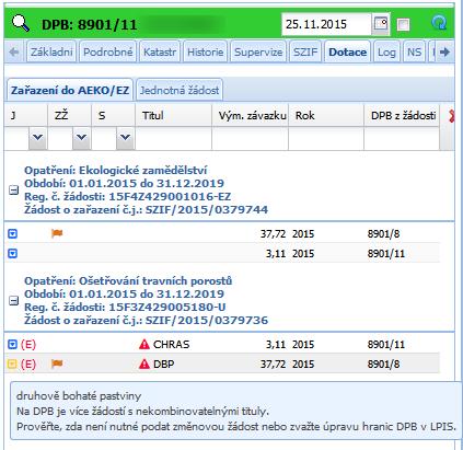 Obrázek 58 Záložka Dotace na uživateli podzáložka Mapové předtisky V detailu DPB se zobrazují data žádostí vztažená k danému DPB. Záložku Dotace na DPB ukazuje následující obrázek.