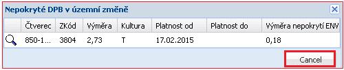 Poklikem na ikonu v sekci územní změna, se v samostatném okně zobrazí seznam nepokrytých DPB.