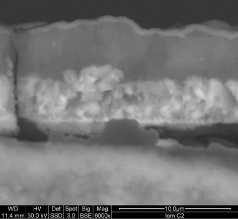 Obr.14 Vrstva Ti(C,N)+ Al 2 O 3 +TiN deponovaná metodou CVD na řezné keramice Si 3 N 4 [7; 8]. Fig. 14 CVD-deposited Ti(C,N)+ Al 2 O 3 +TiN film on Si 3 N 4 -type ceramics [7; 8]. 3. ZÁVĚR Ke komplexní informaci o nových trendech v oblasti tenkých vrstev aplikovaných ve strojírenství by bylo na místě informovat i o tzv.