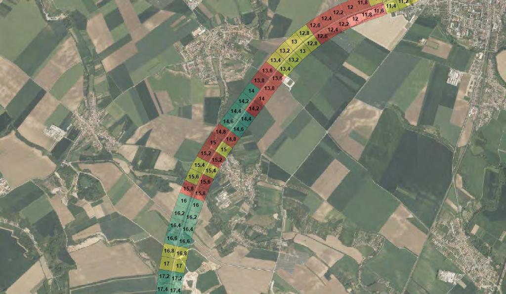 R52 (Brno-Pohořelice): barevná klasifikace 200m úseků okrajů