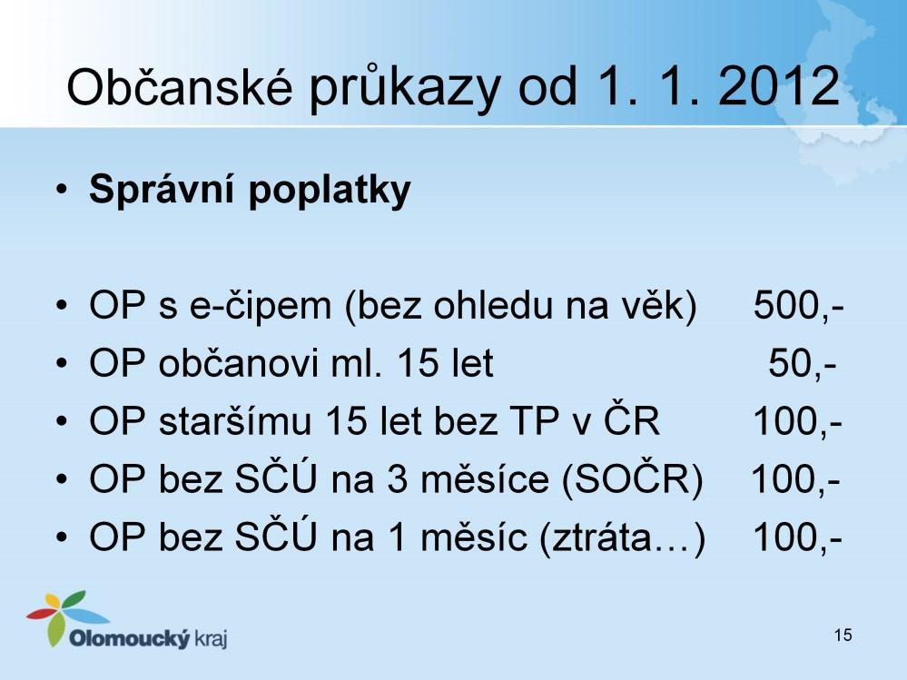 Položka 8 a) Vydání občanského průkazu se strojově čitelnými údaji a s kontaktním elektronickým čipem Kč 500 b) Vydání občanského průkazu bez strojově čitelných údajů s dobou platnosti 1 měsíc Kč 100