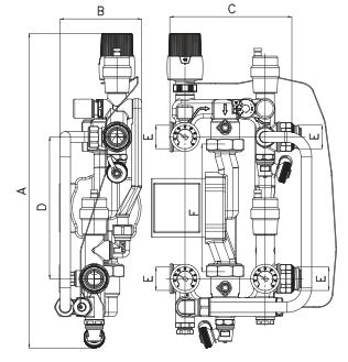 12) Technický nákres a rozměry mísicího modulu: Kód Provedení A (mm) B (mm) C (mm) D (mm) E F (mm) ČERPADLO 500454C 2+2cestný 444 116 172 200 1" 130 DAB.