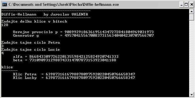 7.4.2 Konzolová aplikace Aplikace se spouští souborem Diffie-Hellman.exe. Objeví se vlastní okno aplikace viz obrázek 7.4. Zde se zadá délka modulu v bitech a potvrdí enterem.