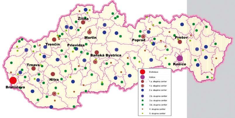 Slovenská republika Koncepcia územného rozvoja Slovenska (KÚRS) 2011 byla vydána nařízením vlády číslo 461/2011 změny a doplňky číslo 1 KURS 2001 Koncepce v závazné části vymezuje terciární centra