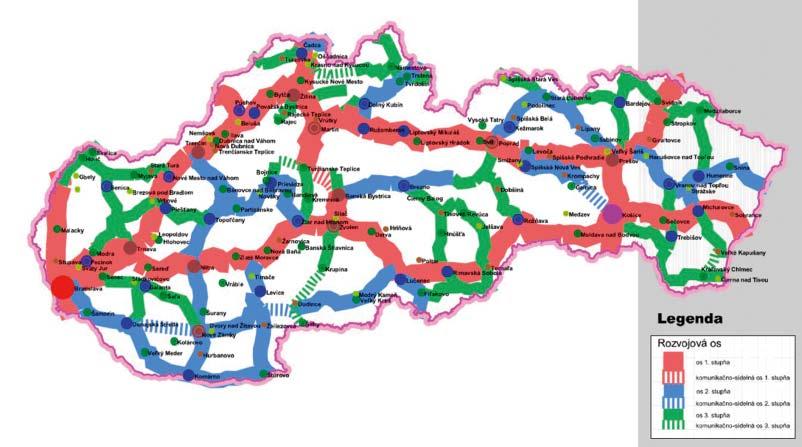 Zdroj: Slovenská republika 2011 Rozvojové osy Slovenska V mezinárodní části Koncepce priorizuje vazby na hlavní evropskou urbanizační osu Stuttgart Mnichov Linec a dále podél Dunaje na Budapešť a