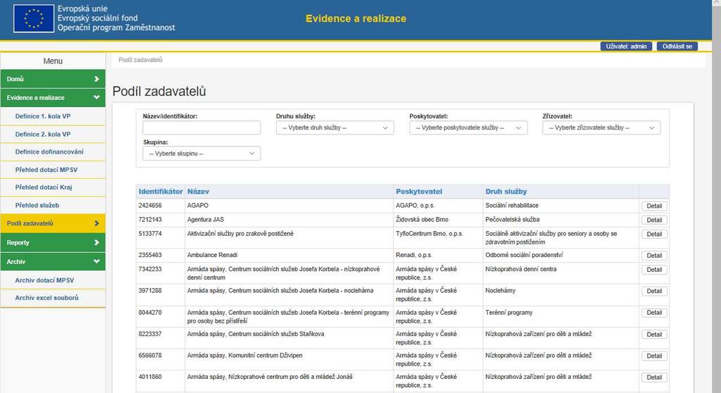 2.3 PODÍL ZADAVATELŮ Podíl zadavatelů funguje stejně jako Přehled služeb. Seznam je možné filtrovat za pomocí filtru v horní části obrazovky (druh služby, poskytovatel atd.).