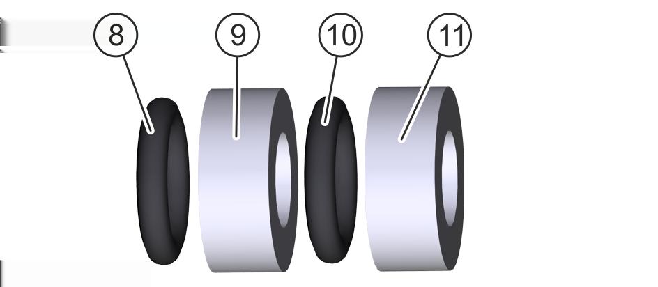 15: Demontáž těsnění jehly 4. Pomocí vidlicového klíče (14 mm) odšroubujte speciální matici (6). 5. Stáhněte připojovací prvek (5) a zachyťte speciální matici (6). Obr. 16: Odebrání těsnění 6.
