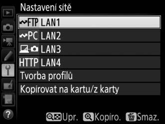 Nastavení sítě B menu nastavení Síť Vyberte položku Nastavení sítě a stisknutím tlačítka 2 zobrazte seznam síťových profilů, kde můžete vytvářet nové profily nebo