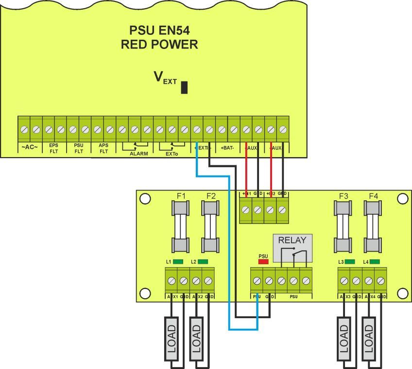 6.6. Indikace otevření skříně - TAMPER. PSU má vestavěný mikrospínač (tamper) indikující otevření skříně. Ve výchozím stavu (tovární nastavení) není kabel od tamper kontaktu zapojen do svorek na PSU.