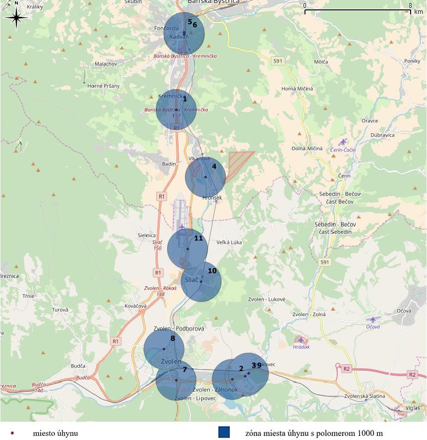 Bulletin VYDRA, 17: 30 53 (2018) Obr. 2: Lokality nálezov zrazených vydier medzi Banskou Bystricou a Zvolenom v rokoch 2013 2017 (autor M. Filadelfi). Fig.