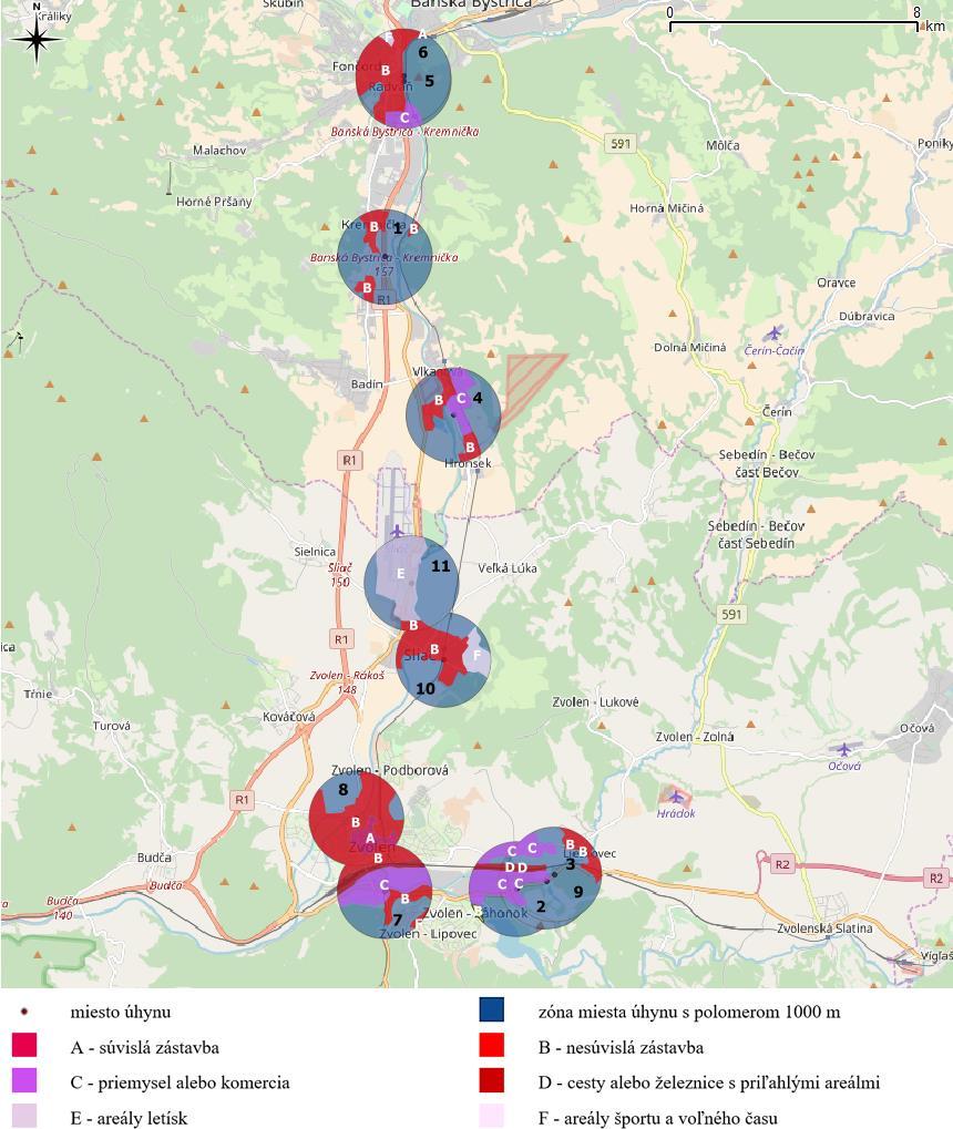 Bulletin VYDRA, 17: 30 53 (2018) Obr. 3: Plošné zastúpenie prvkov druhotnej krajinnej štruktúry umelé povrchy v 1 000 m kružniciach (autor M. Filadelfi). Fig.
