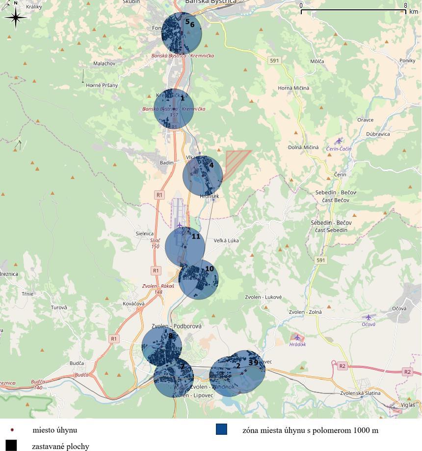 Bulletin VYDRA, 17: 30 53 (2018) Obr. 4: Plošné zastúpenie zastavaných plôch v 1 000 m kružniciach (autor M. Filadelfi).