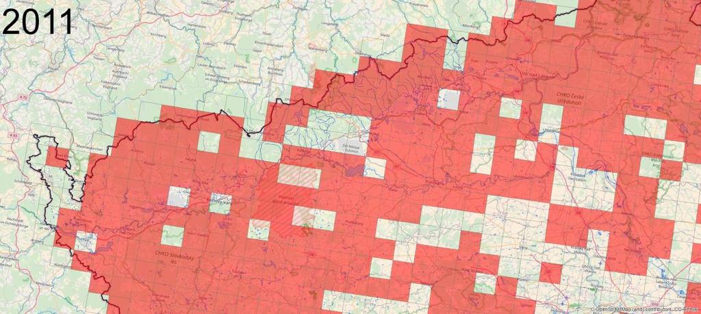 hor, v Sasku. Většina Krušných hor a oblast podkrušnohorské pánve v té době byla však stále negativní. Při dalších dvou celorepublikových mapováních (Poledník a kol. 2012 a Poledník a kol. 2017, Obr.