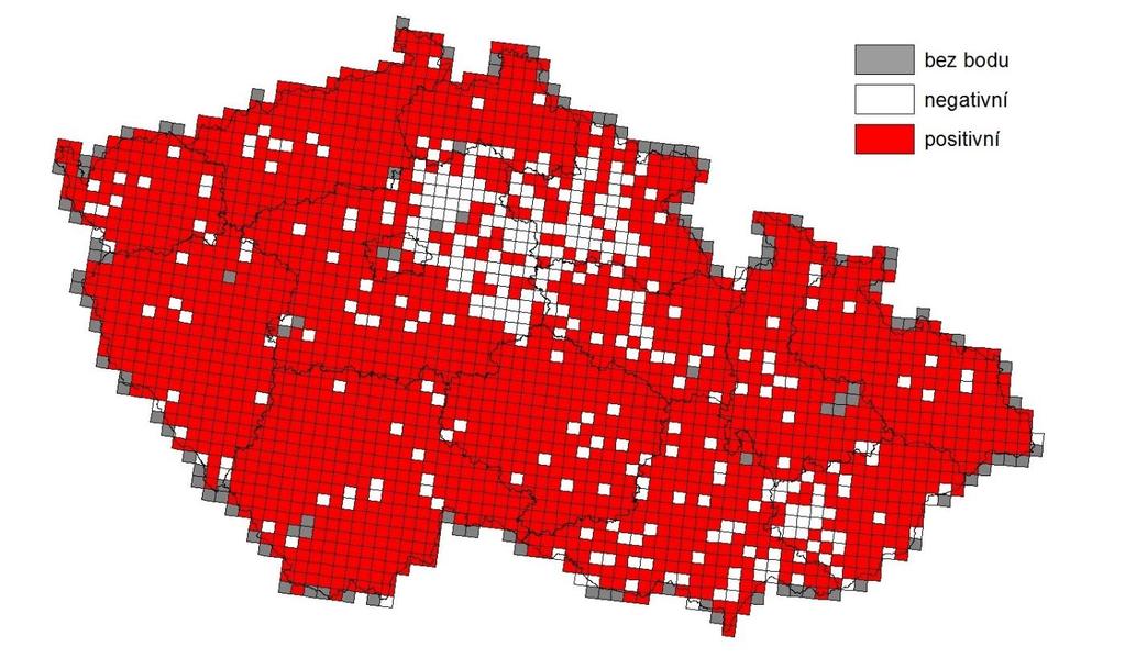 Bulletin VYDRA, 17: 4 13 (2018) Obrázek 3. Výskyt vydry říční (Lutra lutra) v roce 2016 v České republice vyjádřený pomocí sítě S- JTSK.