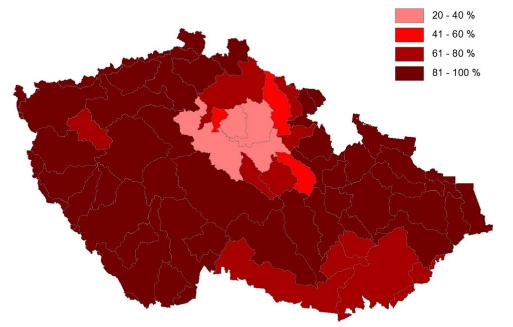 Occurrence of Eurasian otter (Lutra lutra) in 2016 in the Czech Republic within sub quadrants of the national grid (size of the square 5,6 x 6 km).