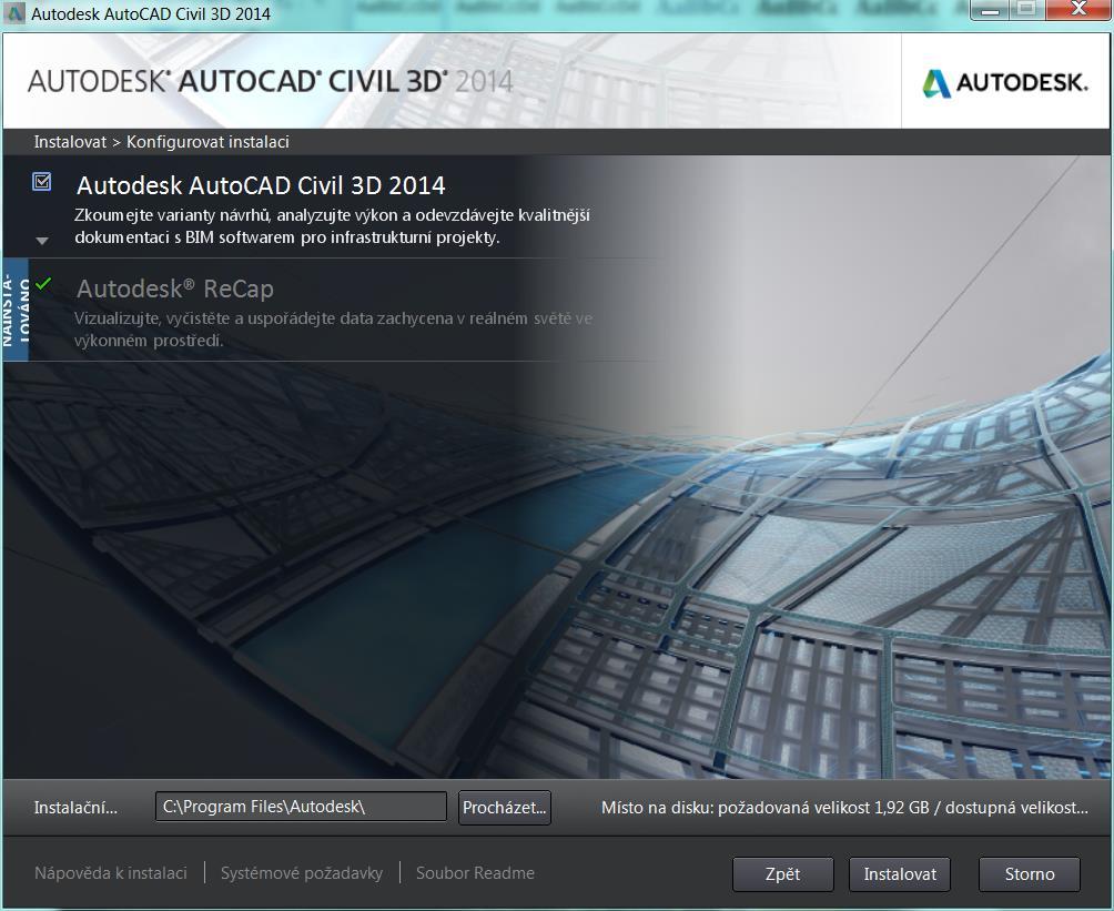 5. Dokončení konfigurace komponent Autodesk Civil 3D 2014 Následně můžete přidat zaškrtnutím Autodesk ReCap 2014 a také dle Obr.