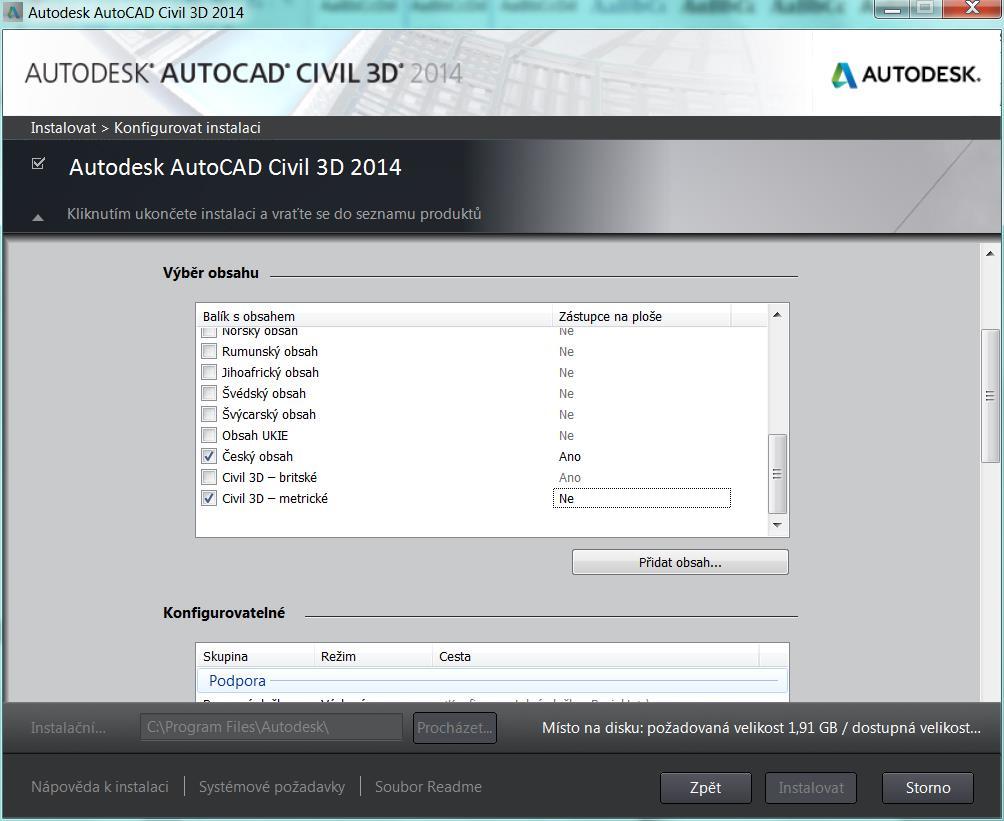 Obr. 6 Přidání komponent instalace Civil 3D 2014, 2.