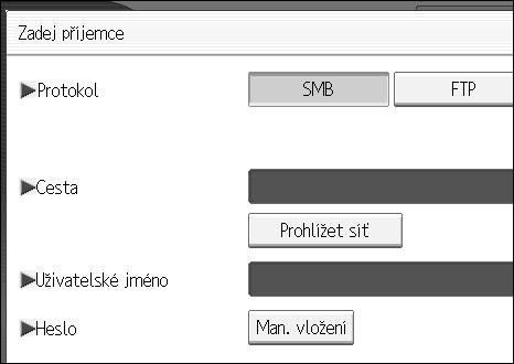 Odeslání skenovanîch souborù do sloôek Zadání cesty procházením sítì k cílovîm sloôkám. Mùôete procházet poèítaèe v síti, vybrat cílovou sloôku a potom zadat cestu. A Stisknìte tlaèítko [Man.vloôení].