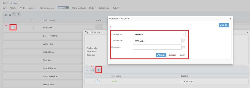 - Poté zapíšeme nového učitele kurzu přes modré + v sekci členové. - V kurzu může být i více aktivních učitelů.