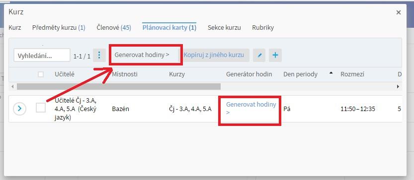 Plánovací karty je také možné přegenerovat v detailu kurzu. V seznamu kurzů v levém sloupci klikneme na daný kurz. Po otevření detailu kurzu zvolíme záložku Plánovací karty.