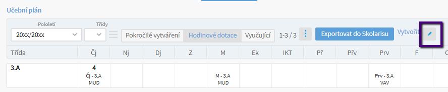 B. Hodinové dotace - v tomto rozhraní je možné vytvořit kurzy, které se budou týkat vždy celé třídy - v tabulce vidíme u vytvořených kurzů následující údaje - 1.