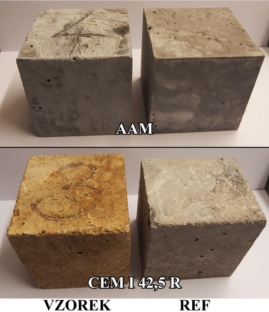 Obr. 30 Srovnání cementových vzorků a vzorků AAM ponořených v kyselině octové po dobu 56 dnů s referenčními, nezkorodovanými vzorky Na lomovou plochu těchto vzorků byl nanesen fenolftalein, aby byla