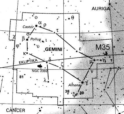 3: Hvězdokupa M 35 (NGC 2168) vlevo nahoře, vpravo dole NGC 2158, velikost pole obrázku 33 30. Zdroj [10]. Dva obrázky na této stránce zobrazující hvězdokupu M 35 různým způsobem.