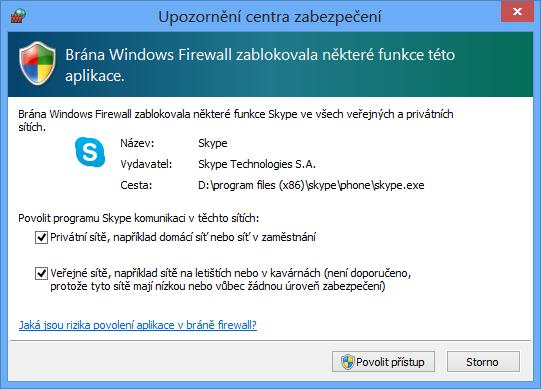 Brána Windows Firewall Přidání nového pravidla Při notifikaci nebo přes nástroj Windows Firewall