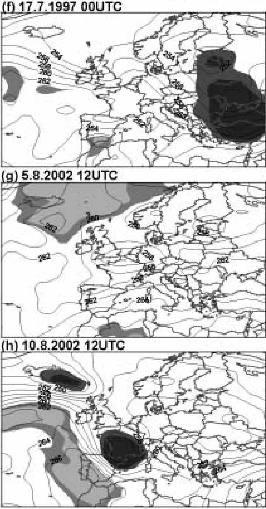 The fields of equivalent potential temperature [K] at the isobaric level o f850 hpa /(a) - (d)/ and temperature [K] at isobaric level 500 hpa /(e) - (h)/for four precipitation episodes from July 1997