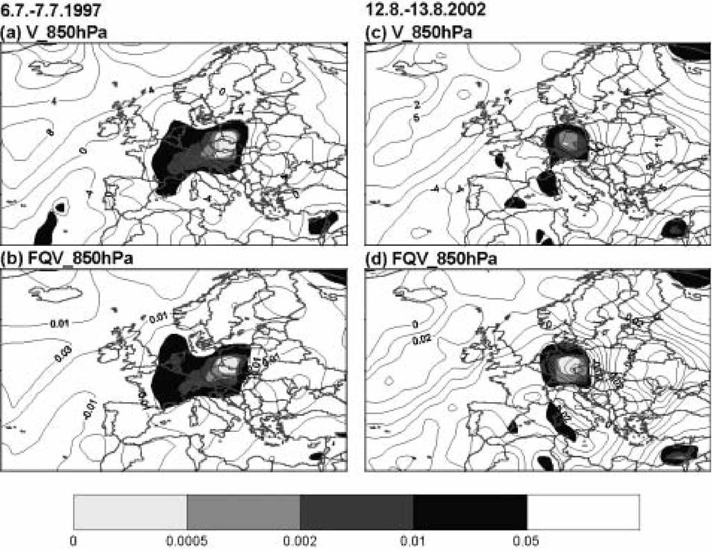 Obr. 4 Časově průměrovanápole meridionálnísložky rychlosti větru [m s-1]/(a), (c)/a toku vlhkosti [kg m-2 s-1]/(b), (d)/v hladině850 hpapro dvě dominantní srážkové epizody z července 1997 (97/1) a ze
