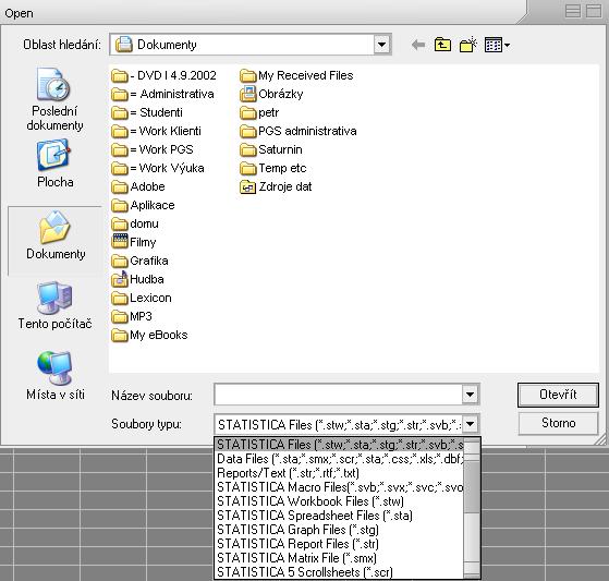 Otevření a ukládání souborů Statistica podporuje načítání a ukládání