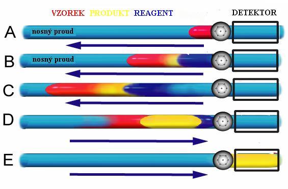 Obr. 2: Princip FIA techniky [3] Na rozdíl od toho SIA technika pouţívá místo injekčního ventilu vícecestný selekční ventil, který umoţňuje dávkování vzorku a různých činidel v definovaných objemech.