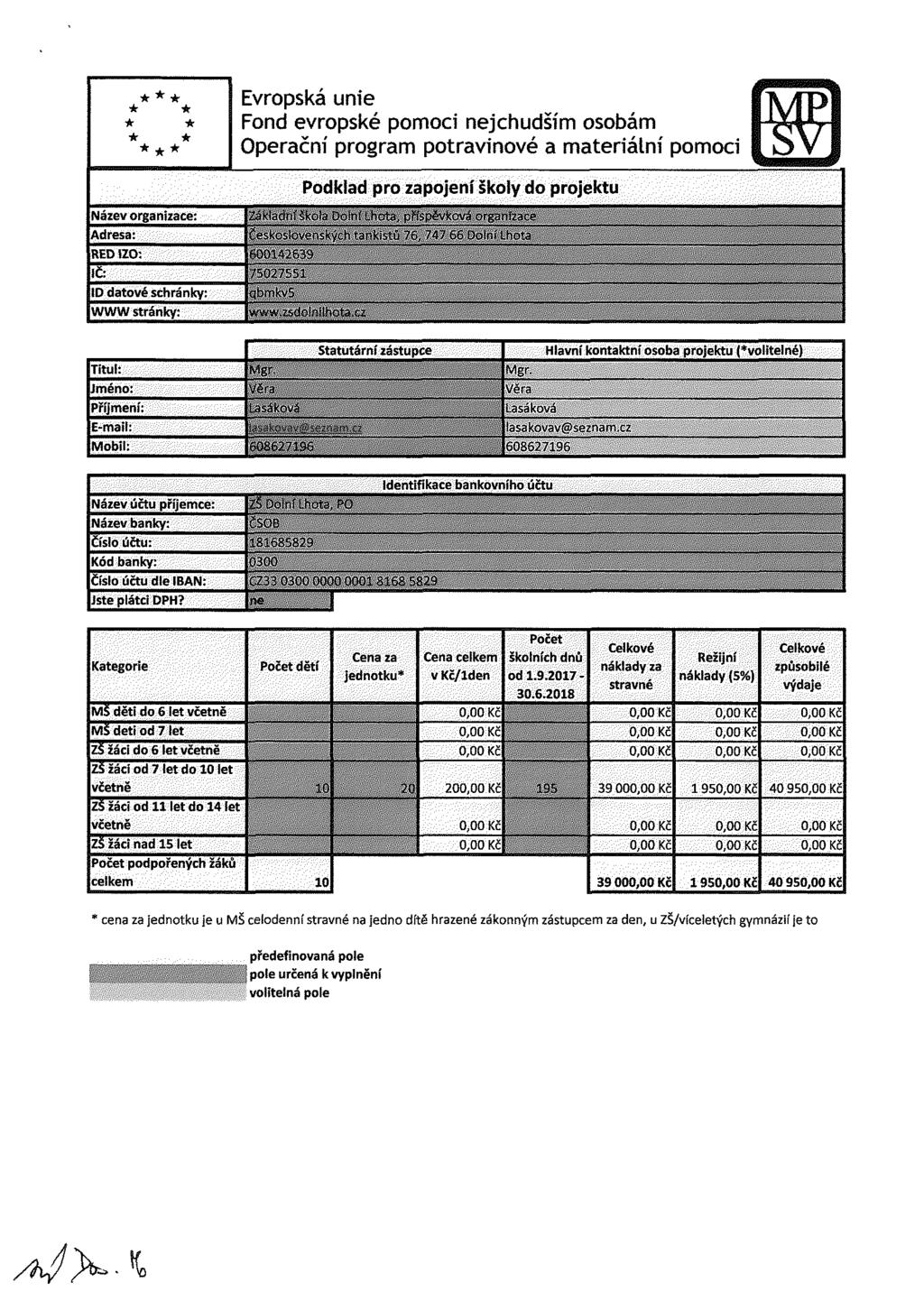 *** * * * * * * E F ( Evropská unie ikyfpl Dperační program potravinové a materiální pomoci IJ^VJ Podklad pro zapojení školy do projektu Název organizace: Adresa: RED (ZO: IČ: ID datové schránky- WWW