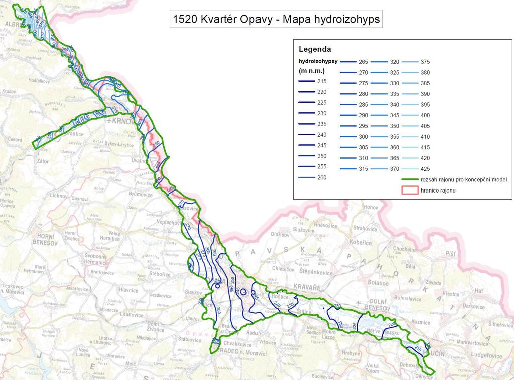 Obr. 5-5. Hydroizohypsy podzemní vody v HGR 1520 ANALÝZA ČASOVÝCH ŘAD KOLÍSÁNÍ HLADINY PODZEMNÍCH VOD Analýza doplňování a vyprazdňování kolektoru vycházela z režimního vývoje, resp.