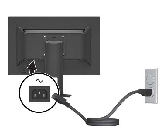 4. Jeden konec napájecího kabelu střídavého proudu zapojte do napájecího konektoru umístěného na zadní části monitoru a druhý konec do zásuvky střídavého proudu. VAROVÁNÍ!