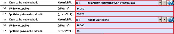 Naopak odebrání těchto polí se provede kliknutím na tlačítko u příslušného paliva. Pokud zdroj spaluje více druhů paliv se stejným kódovým označením (např.