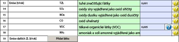 Emise dalších ZL [t/rok] Přidání dalších druhů znečišťujících látek se provádí stejným způsobem jako u spalovacích zdrojů. 5.