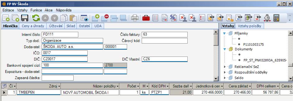 ŠKOFIT IMPORT FD ISDOC a PDF Vzniklá Faktura došlá s vazbou