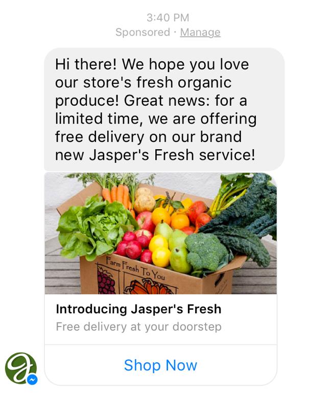 Obrázek Zdroj 4 - Sponzorovaná Messenger Platform zpráva (Zdroj: Messenger Platform) Zákaznický chatovací plugin je integrovaný