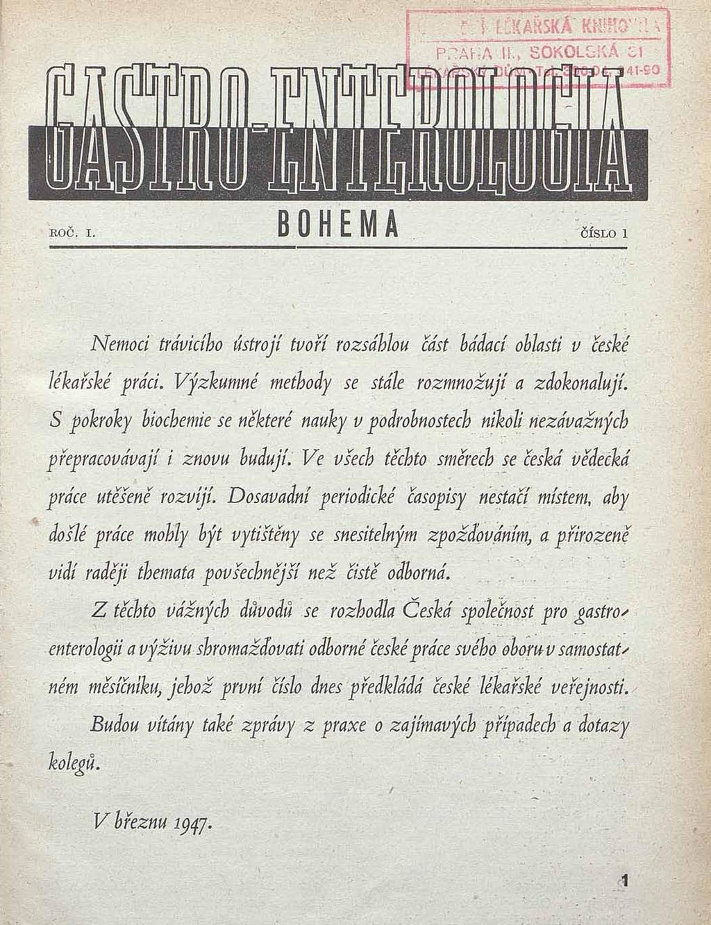 Editorial časopisu Gastro-enterologia Bohema z roku 1947.
