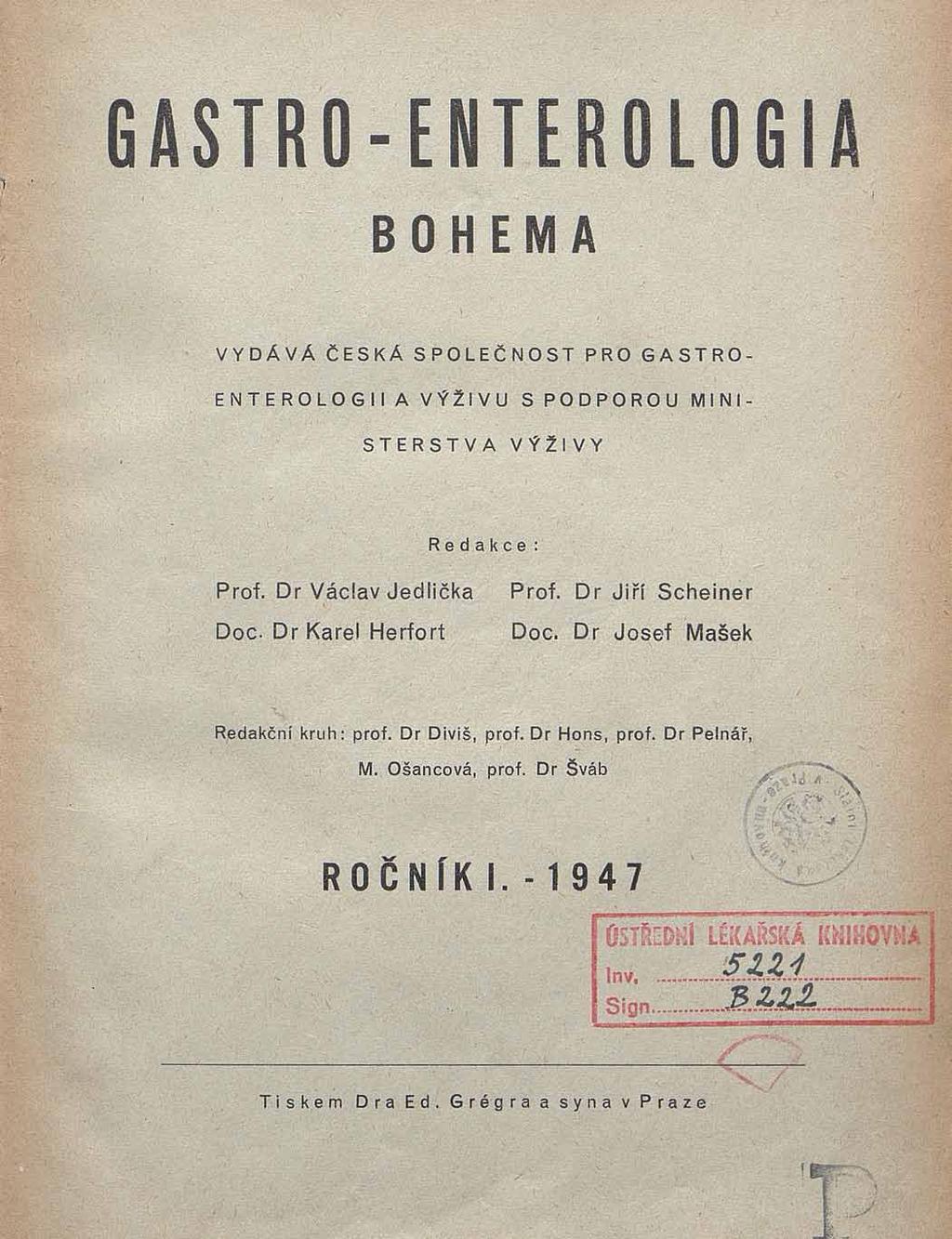 Obálka časopisu Gastro-enterologia Bohema z roku 1947.