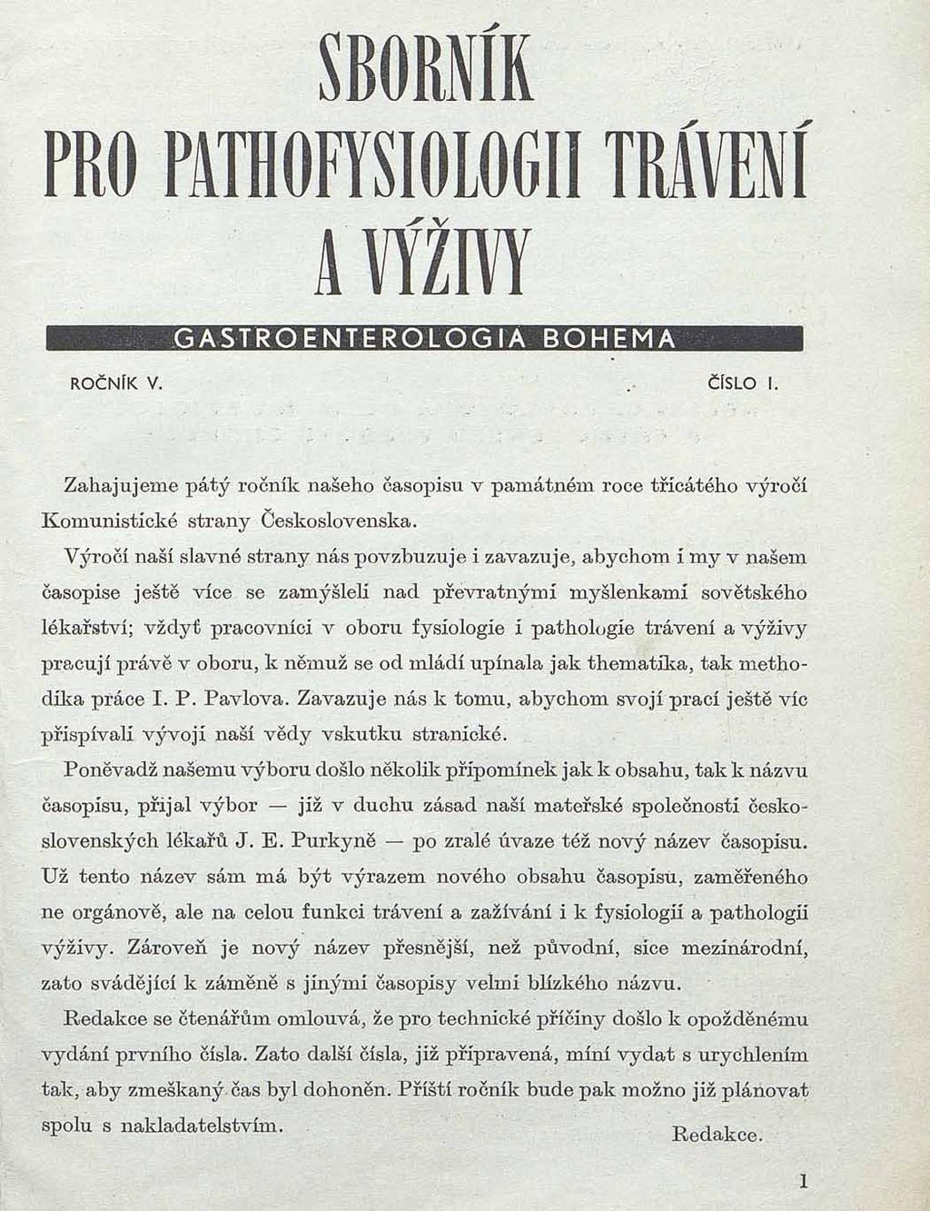 Editorial časopisu Sborník pro pathofysiologii trávení a výživy z roku 1951.