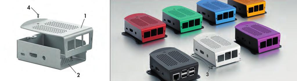 Skořepinová skříňka pro Raspberry Pi A Rozsah dodávky: 1 = horní skořepina; 2 = dolní skořepina; 3 = upevňovací spona (možnost); = montážní materiál solidní skříňka z 1,5mm silných aluminiových