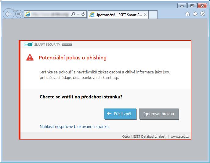 Poznámka: V případě, že budete pokračovat na potenciální phishingovou stránku, na několik hodin se pro ni vytvoří výjimka. Následně bude přístup opět blokován.