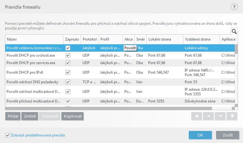 4.3.4.1 Nastavení pravidel Dialogové okno Pravidla firewallu zobrazíte kliknutím na Změnit vedle položky Pravidla v sekci Obecné.