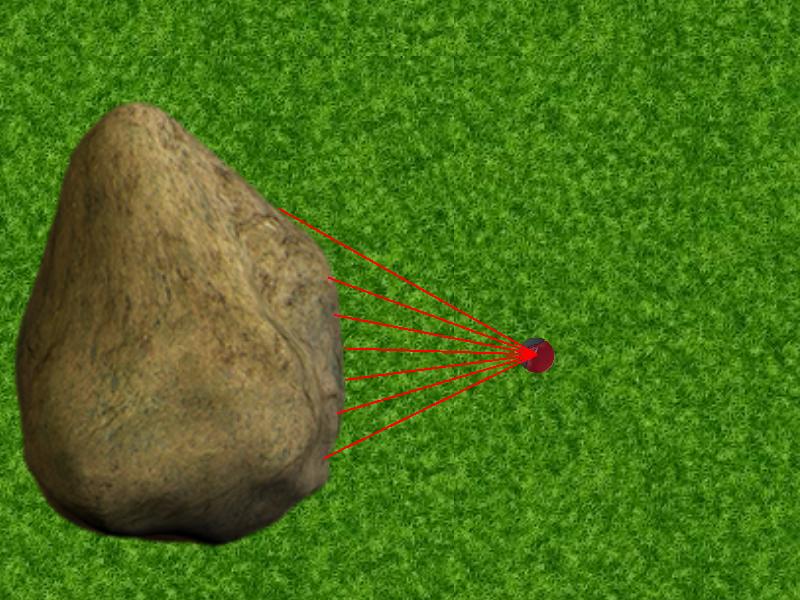 Obrázek 4.1: Vizualizace laserových paprsků, které zachytily překážku. 4.2.